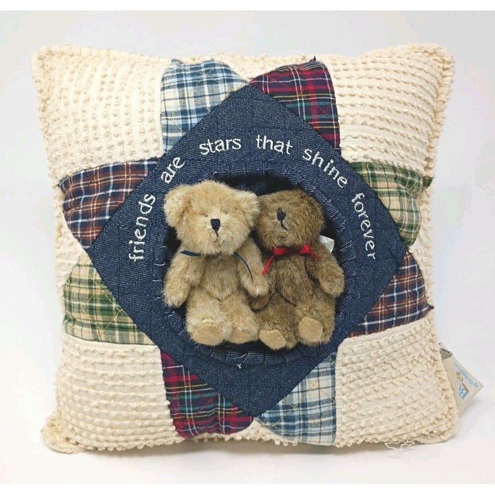 Boyds Home Decor Quilted Patchwork Pillow w/Small Jointed Bears 11" x 11"